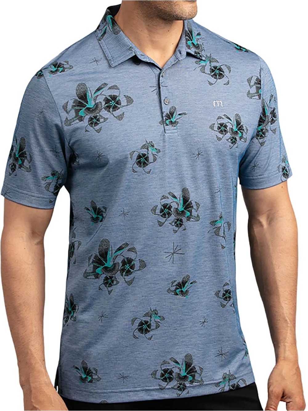 Travis Mathew Blue Floral-Print Polo with Teal Accents